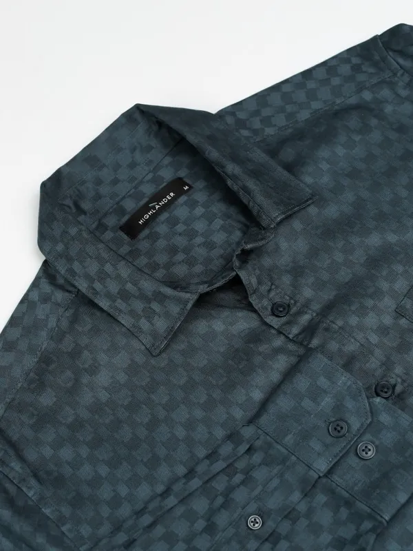 Highlander Men Graphite Blue Dobby Textured Solid Multi Occasion Slim Fit Shirt