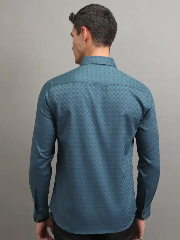 Highlander Men Blue Textured Slim Fit Casual Shirt