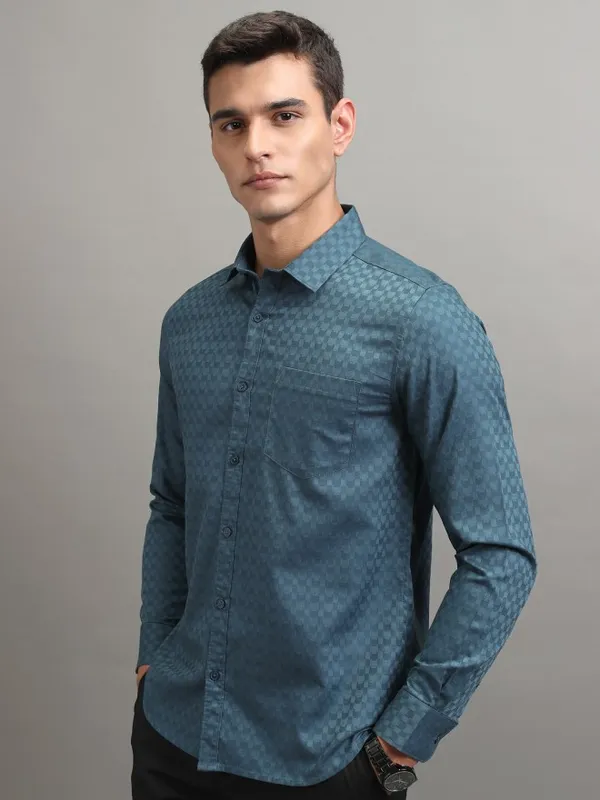 Highlander Men Blue Textured Slim Fit Casual Shirt