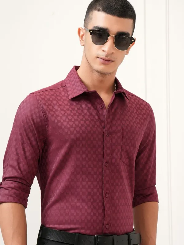 Highlander Men Maroon Textured Slim Fit Casual Shirt
