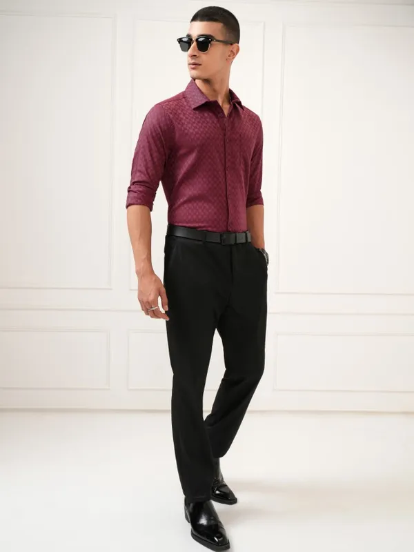 Highlander Men Maroon Textured Slim Fit Casual Shirt