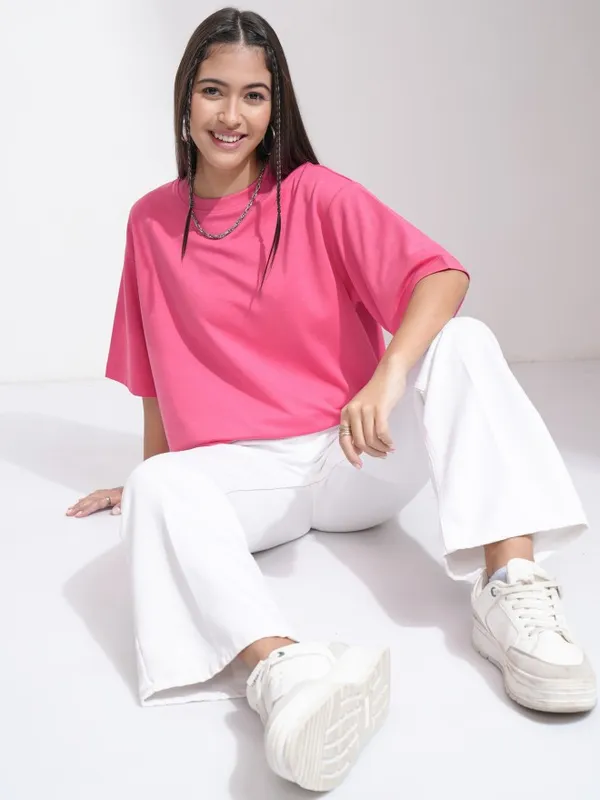 Tokyo Talkies Women Pink Solid Round Neck T-Shirt