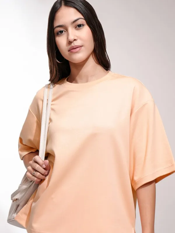 Tokyo Talkies Women Peach Solid Oversized Fit T-Shirt