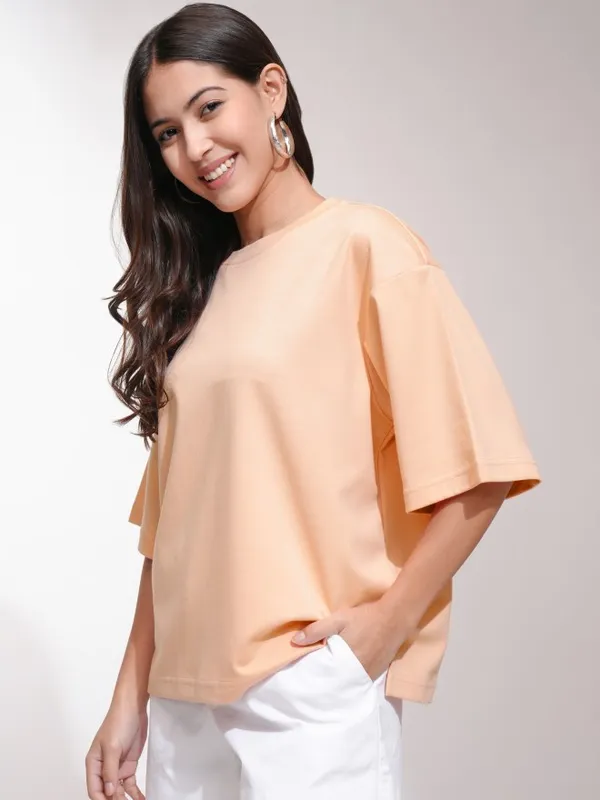 Tokyo Talkies Women Peach Solid Oversized Fit T-Shirt