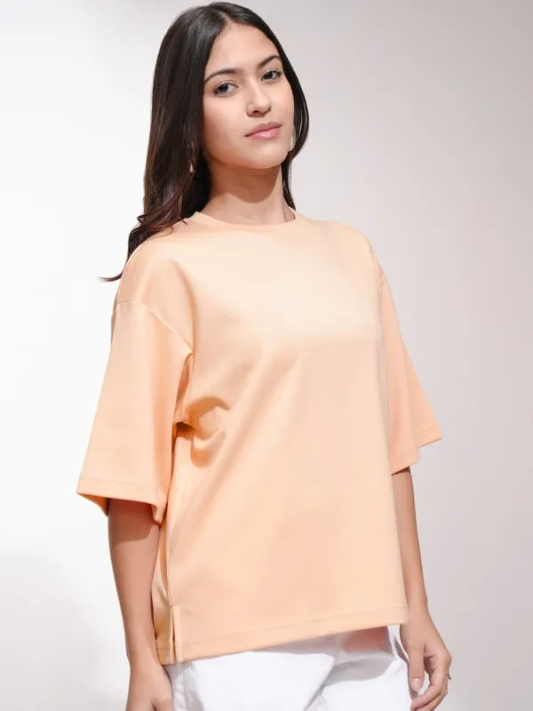 Tokyo Talkies Women Peach Solid Oversized Fit T-Shirt