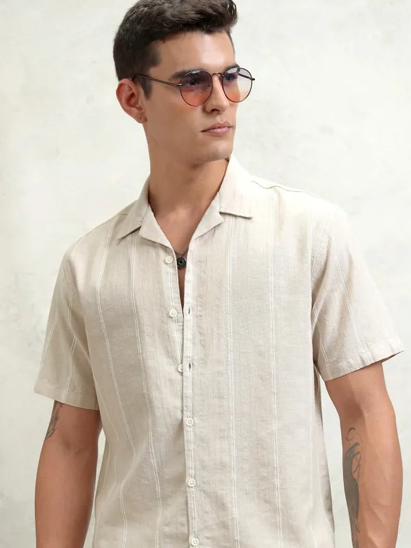 Highlander Men Beige Striped Relaxed Fit Casual Shirt