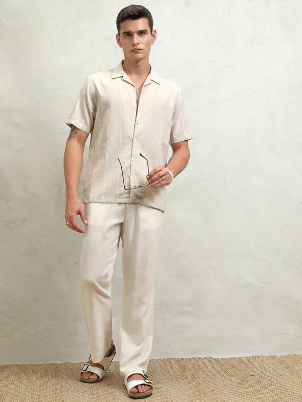 Highlander Men Beige Striped Relaxed Fit Casual Shirt