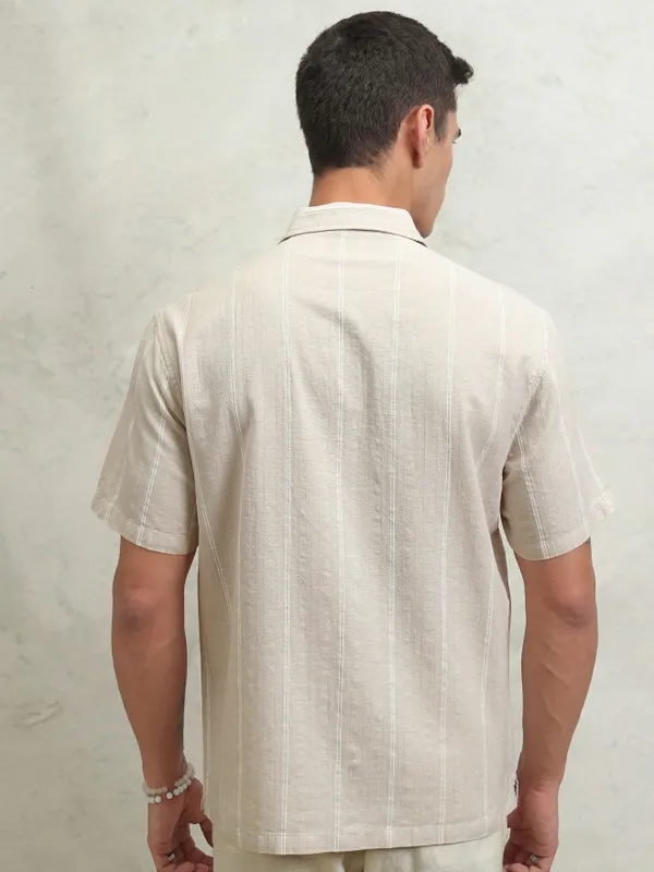 Highlander Men Beige Striped Relaxed Fit Casual Shirt