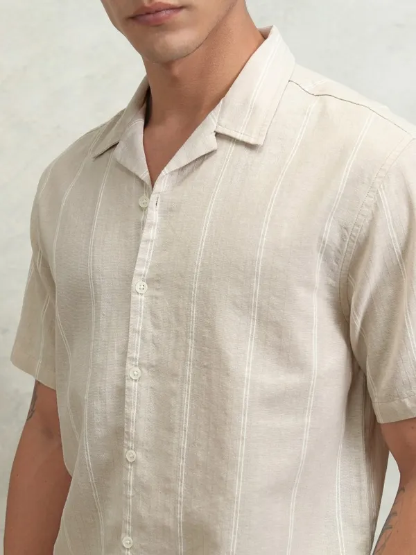 Highlander Men Beige Striped Relaxed Fit Casual Shirt