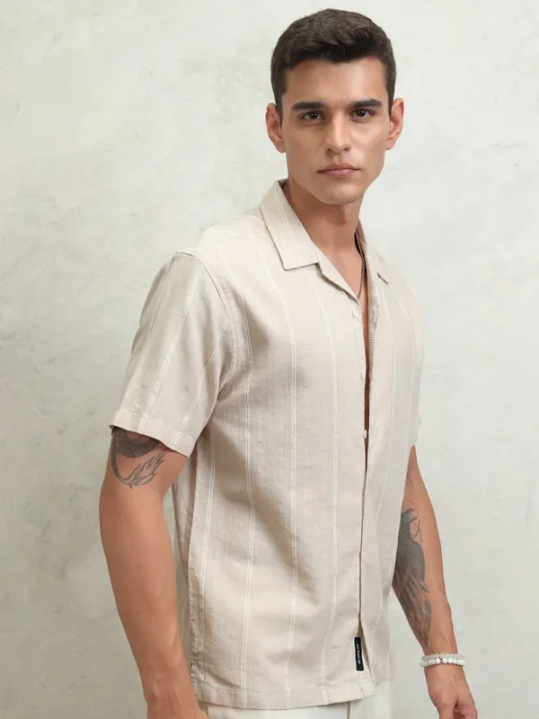 Highlander Men Beige Striped Relaxed Fit Casual Shirt
