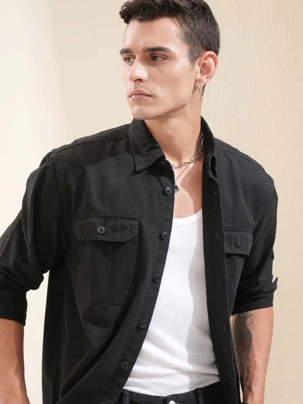 Highlander Men Black Solid Oversized Fit Casual Shirt