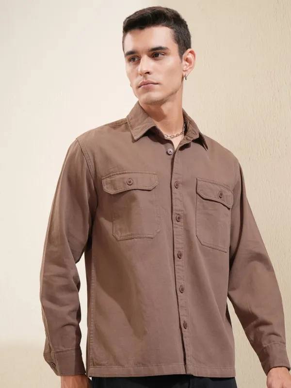 Highlander Men Brown Solid Oversized Fit Casual Shirt