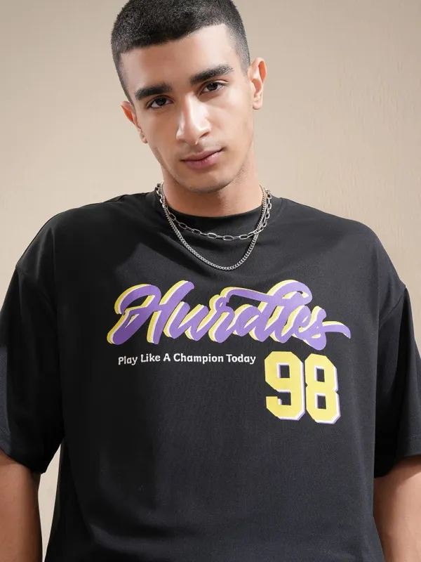 Highlander Men Black Printed Round Neck Oversized Fit T-Shirt