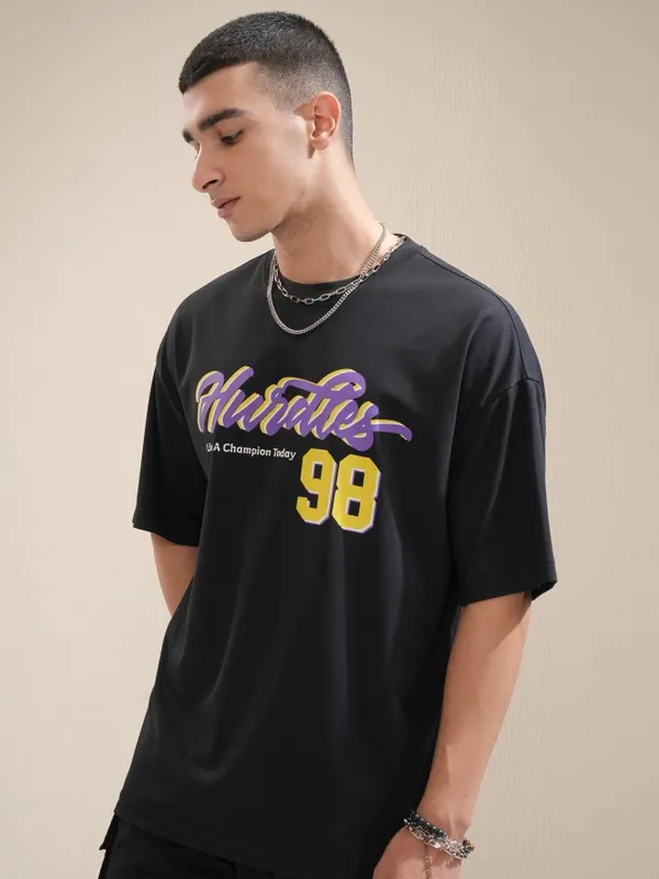 Highlander Men Black Printed Round Neck Oversized Fit T-Shirt