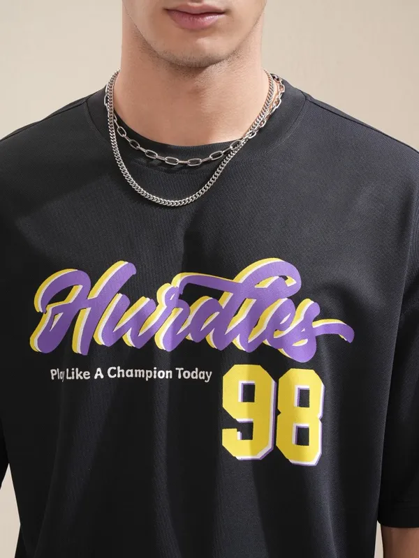 Highlander Men Black Printed Round Neck Oversized Fit T-Shirt