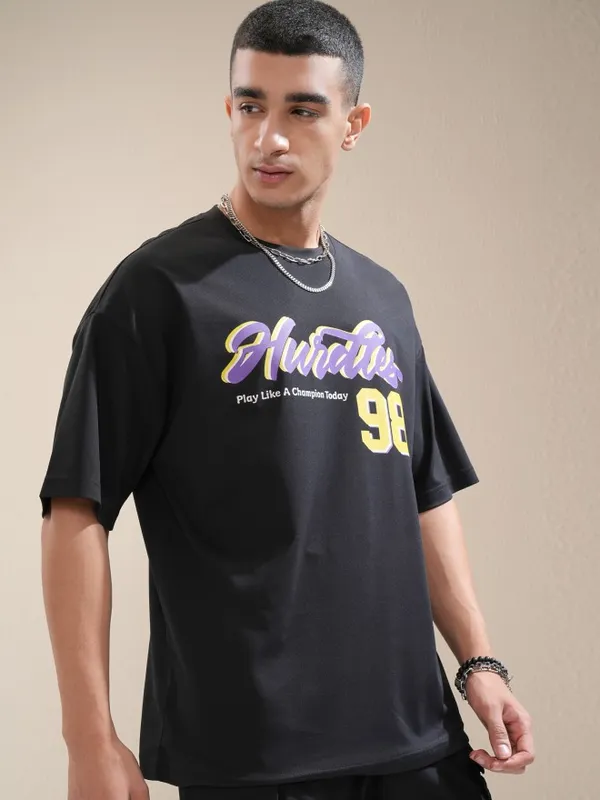 Highlander Men Black Printed Round Neck Oversized Fit T-Shirt