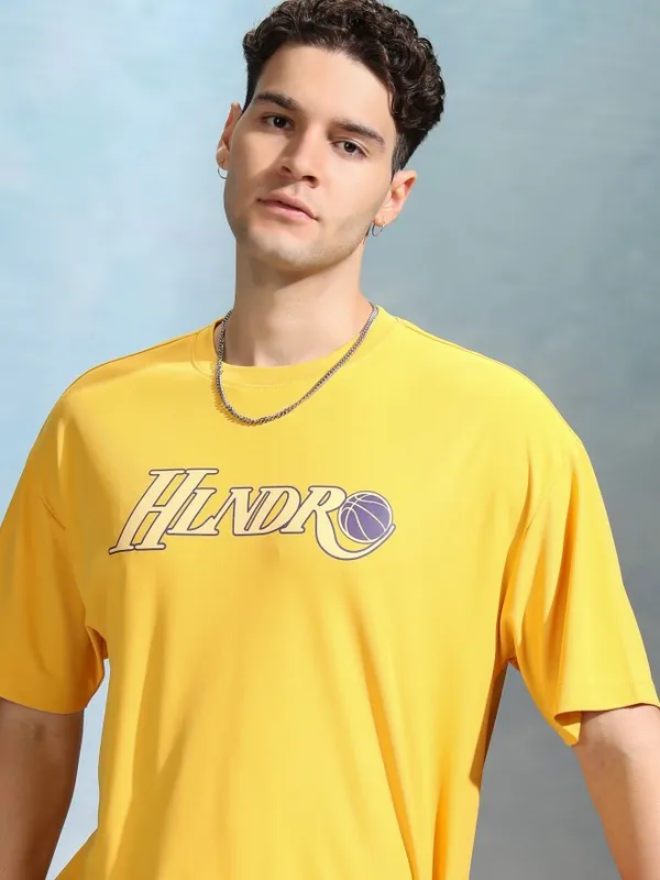 Highlander Men Yellow Printed Round Neck Oversized Fit T-Shirt
