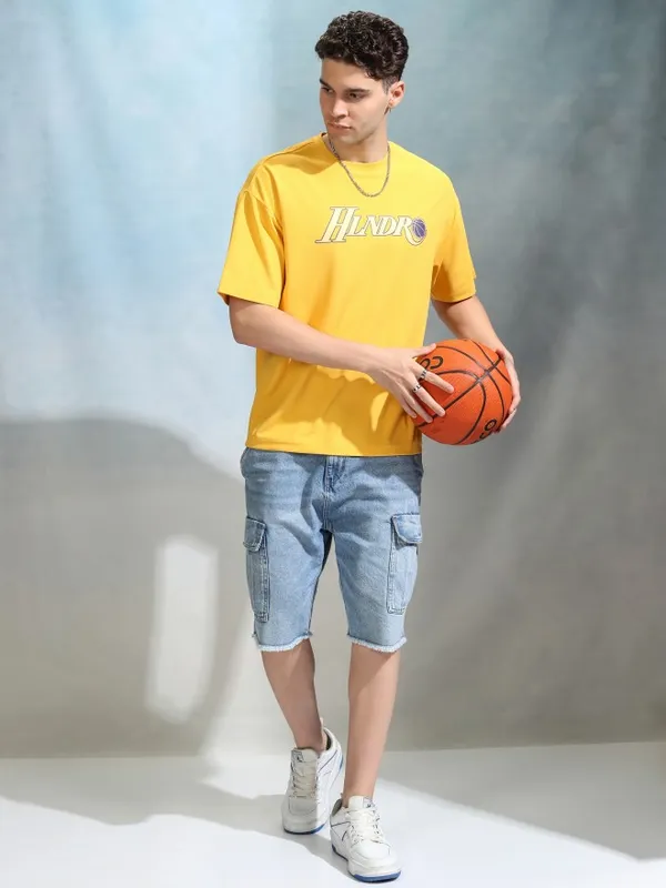 Highlander Men Yellow Printed Round Neck Oversized Fit T-Shirt