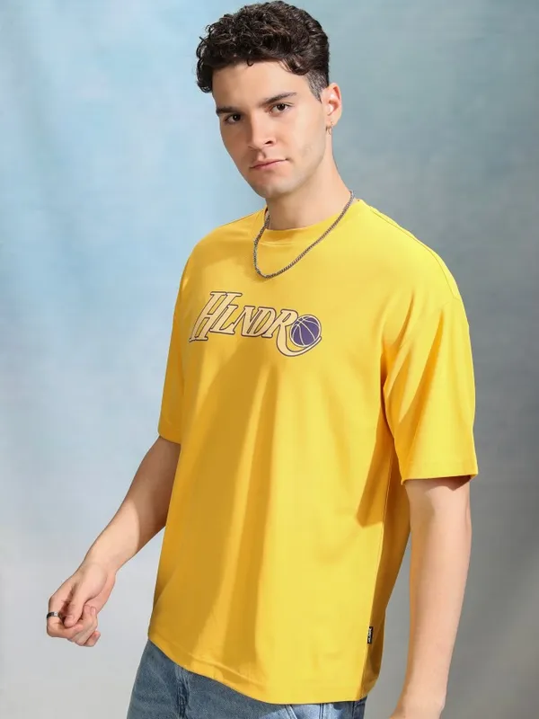 Highlander Men Yellow Printed Round Neck Oversized Fit T-Shirt