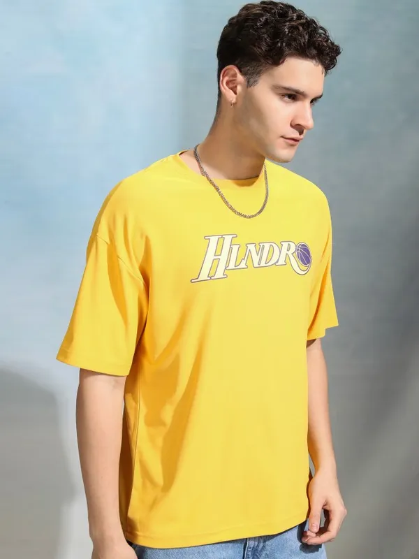 Highlander Men Yellow Printed Round Neck Oversized Fit T-Shirt