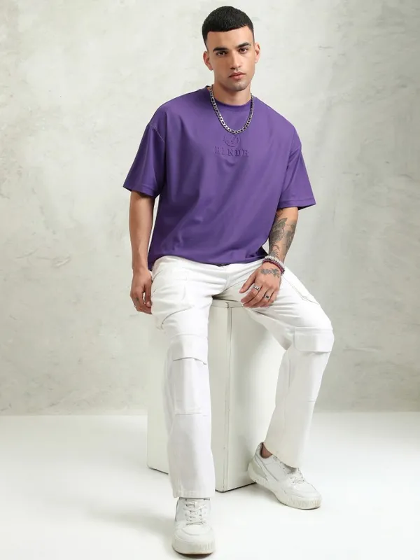 Highlander Men Purple Printed Oversized Fit T-Shirt