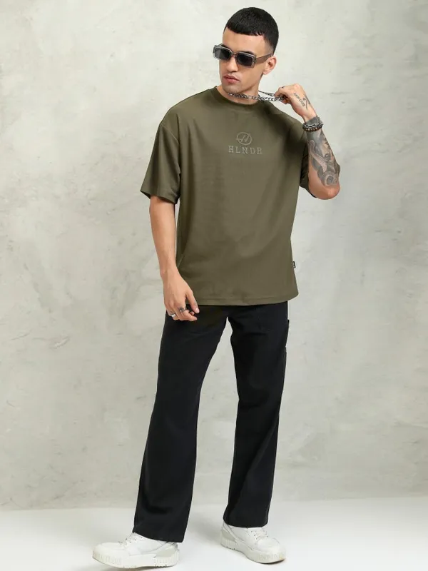 Highlander Men Olive Printed Oversized Fit T-Shirt