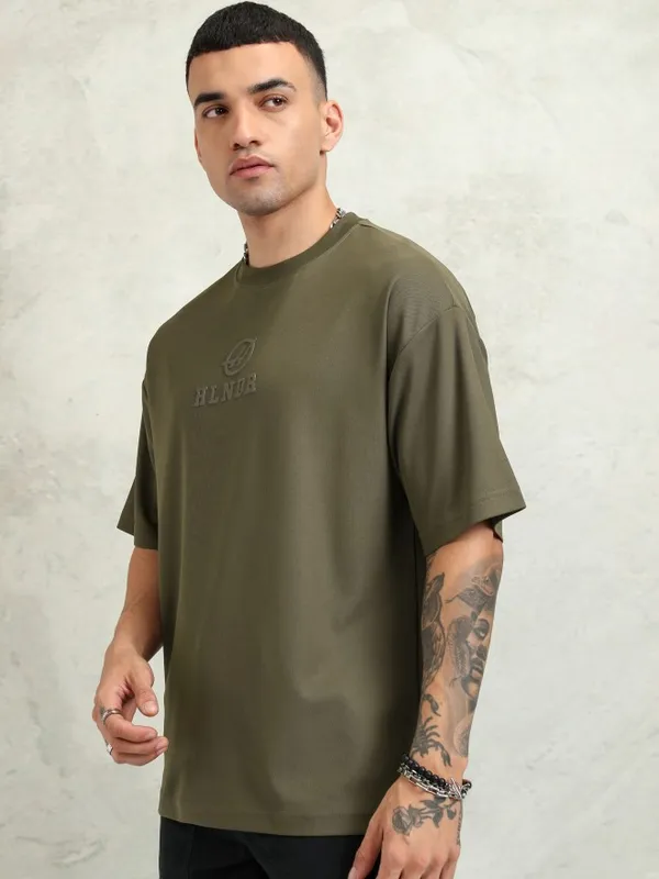 Highlander Men Olive Printed Oversized Fit T-Shirt