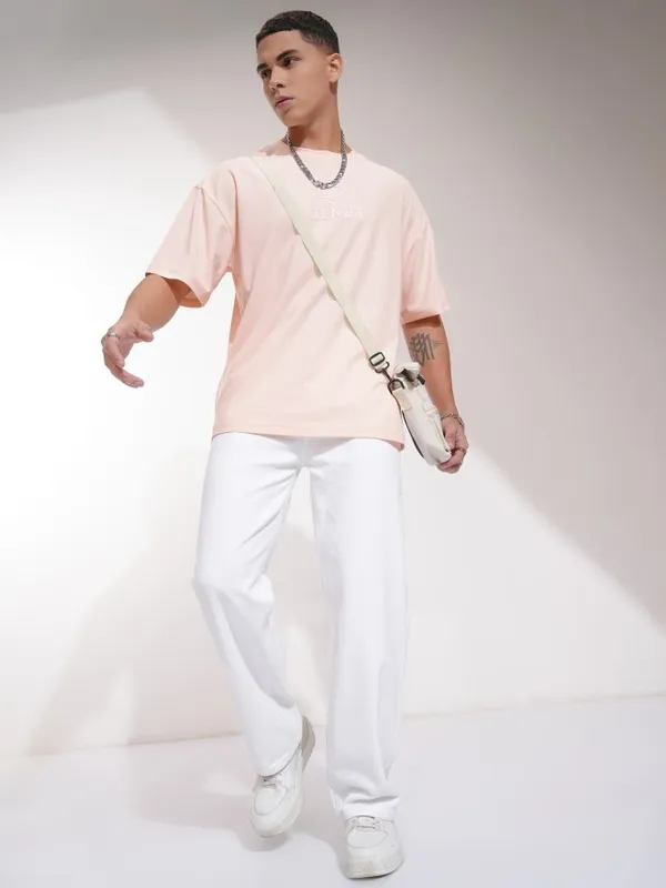 Highlander Men Peach Printed Oversized Fit T-Shirt