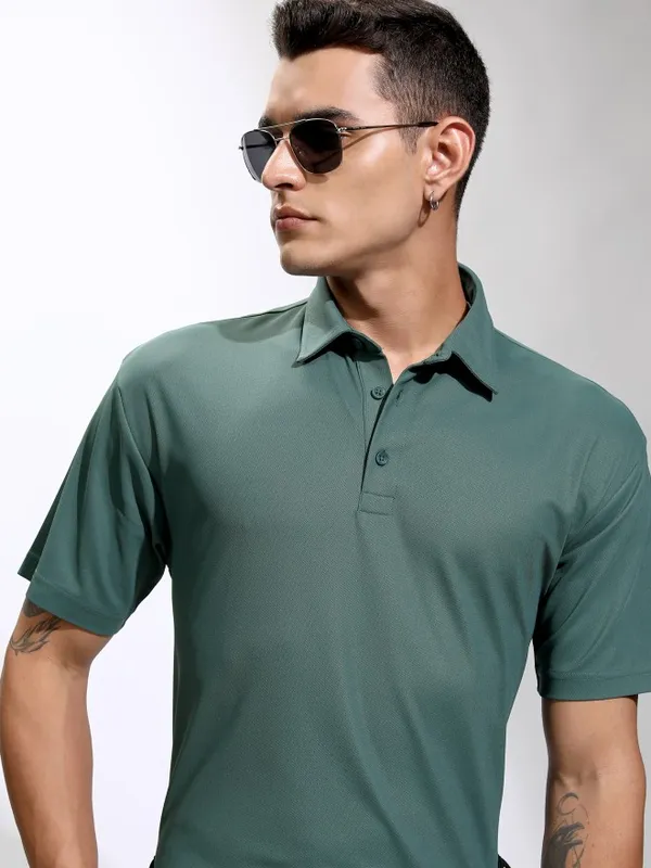 Highlander Men Teal Self Design Polo Collar T-Shirt
