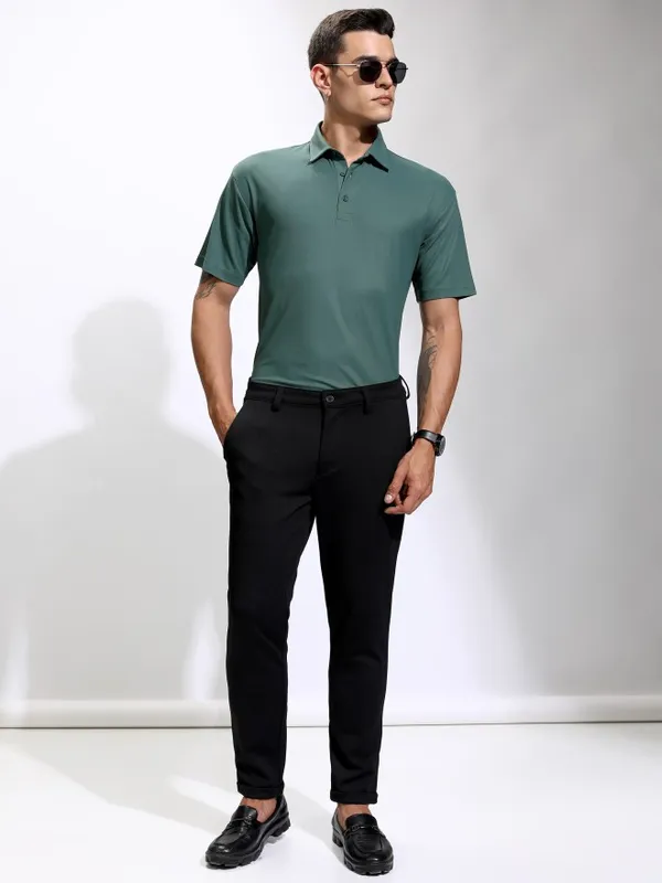 Highlander Men Teal Self Design Polo Collar T-Shirt
