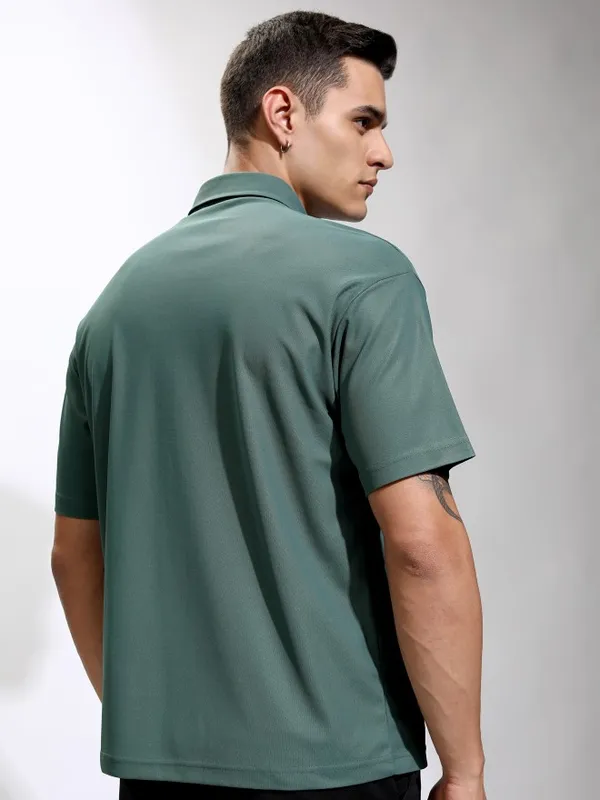 Highlander Men Teal Self Design Polo Collar T-Shirt