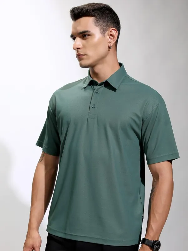 Highlander Men Teal Self Design Polo Collar T-Shirt