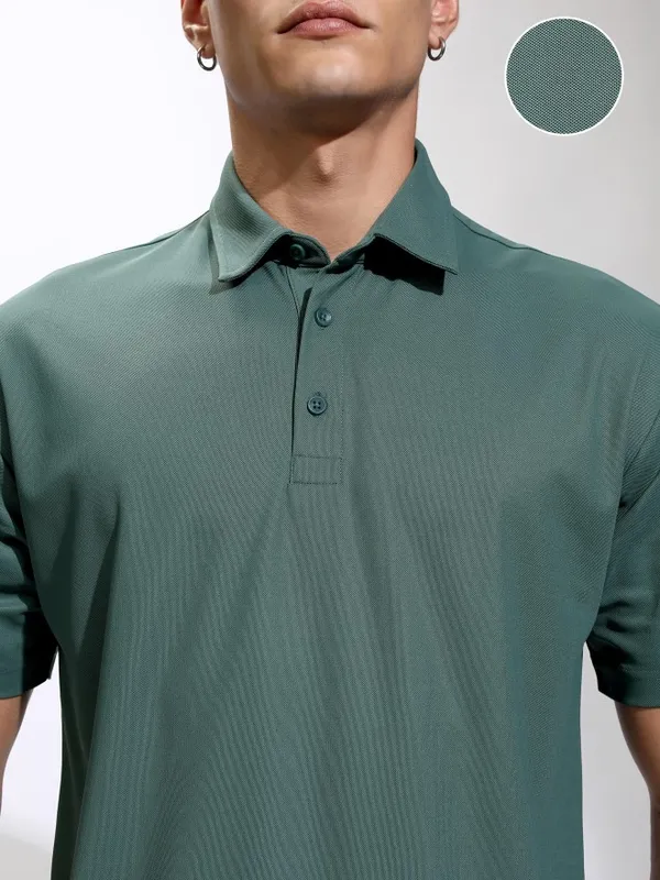Highlander Men Teal Self Design Polo Collar T-Shirt