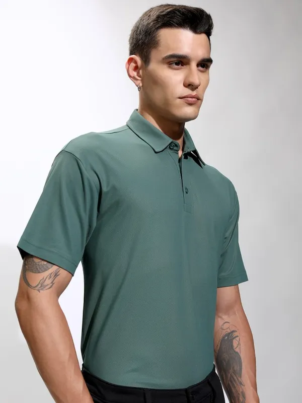 Highlander Men Teal Self Design Polo Collar T-Shirt