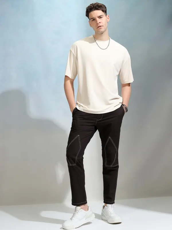 Highlander Men Cream Solid Round Neck Oversized Fit T-Shirt