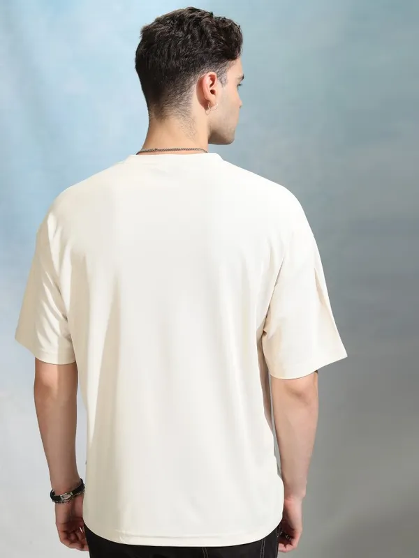 Highlander Men Cream Solid Round Neck Oversized Fit T-Shirt