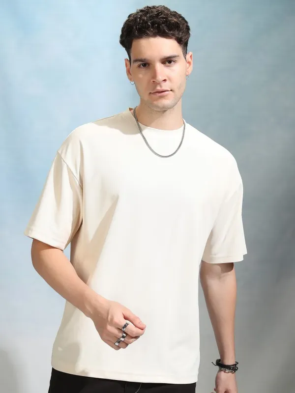 Highlander Men Cream Solid Round Neck Oversized Fit T-Shirt
