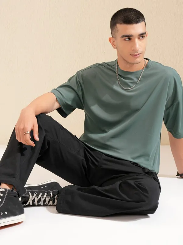Highlander Men Teal Self Design Round Neck T-Shirt