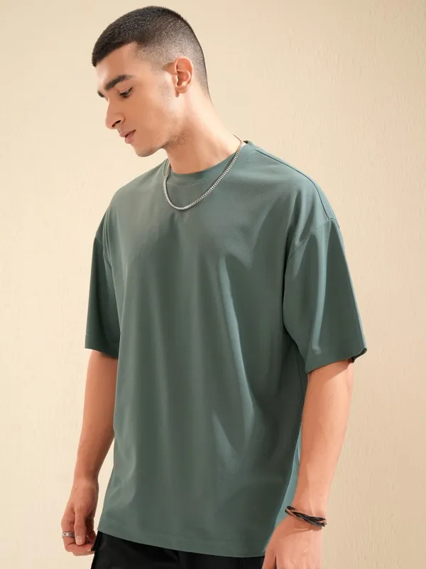 Highlander Men Teal Self Design Round Neck T-Shirt