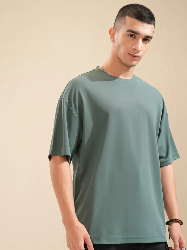 Highlander Men Teal Self Design Round Neck T-Shirt
