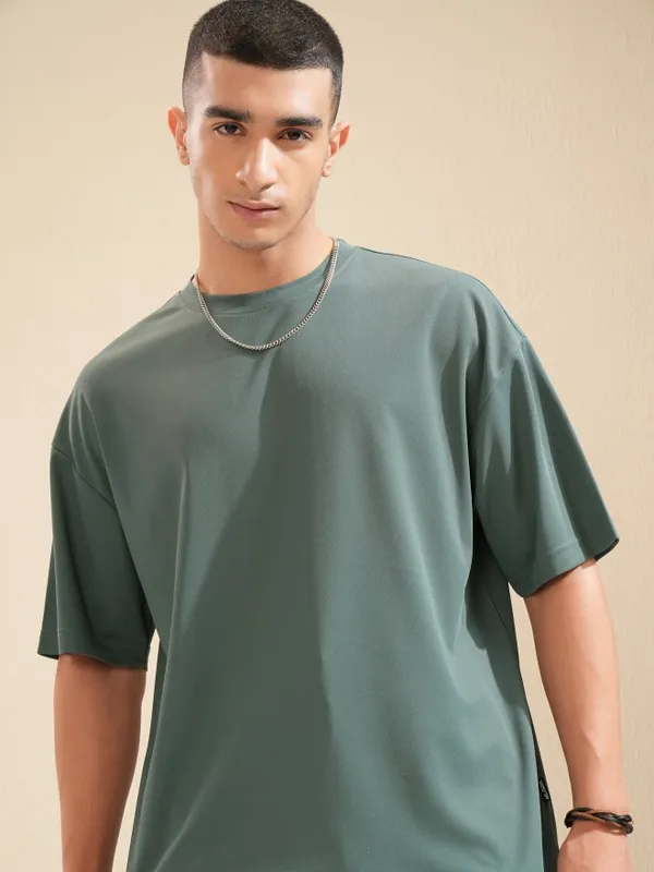 Highlander Men Teal Self Design Round Neck T-Shirt