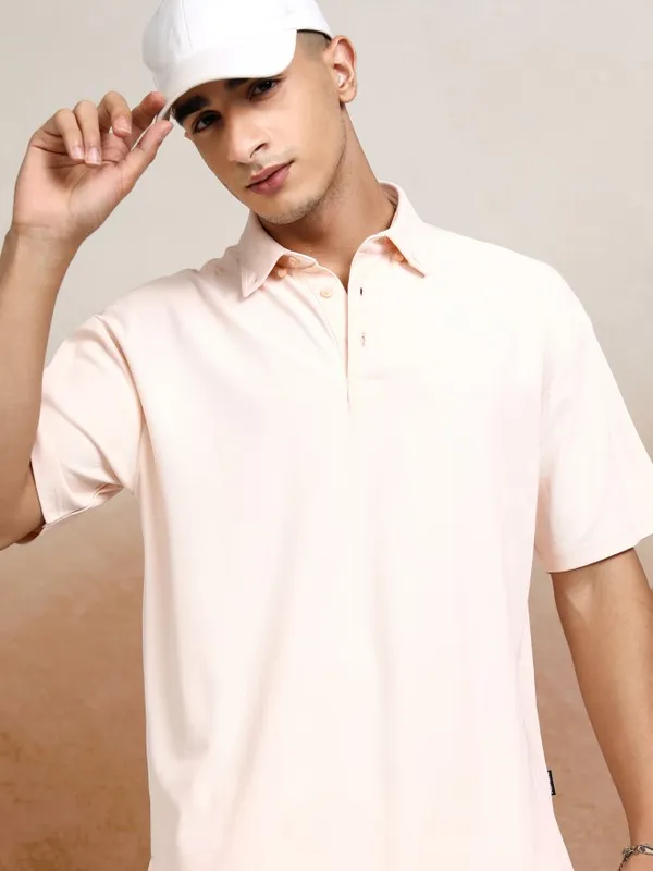 Highlander Men Peach Self Design Polo Collar T-Shirt