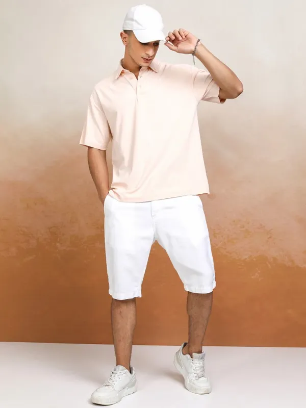 Highlander Men Peach Self Design Polo Collar T-Shirt