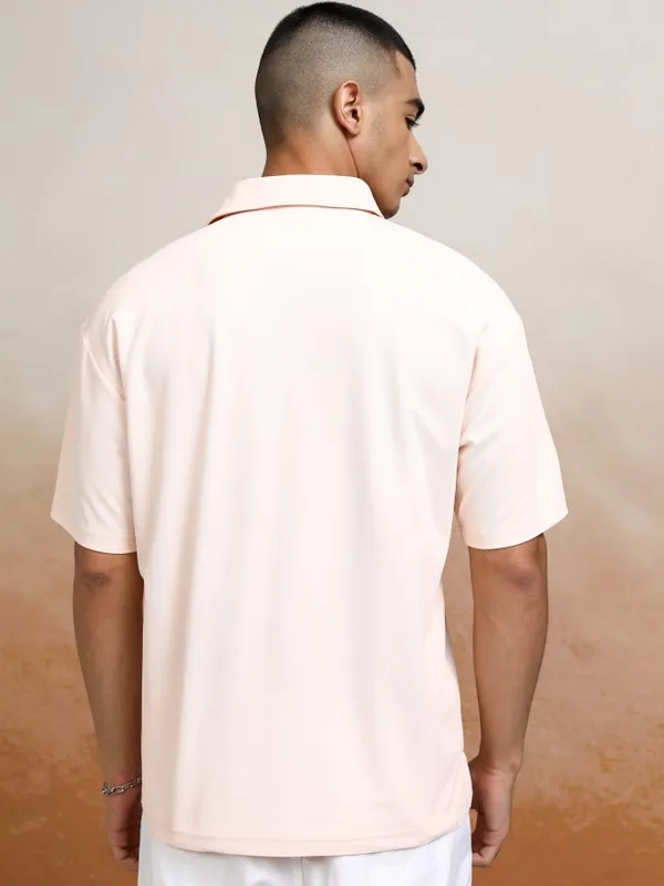 Highlander Men Peach Self Design Polo Collar T-Shirt