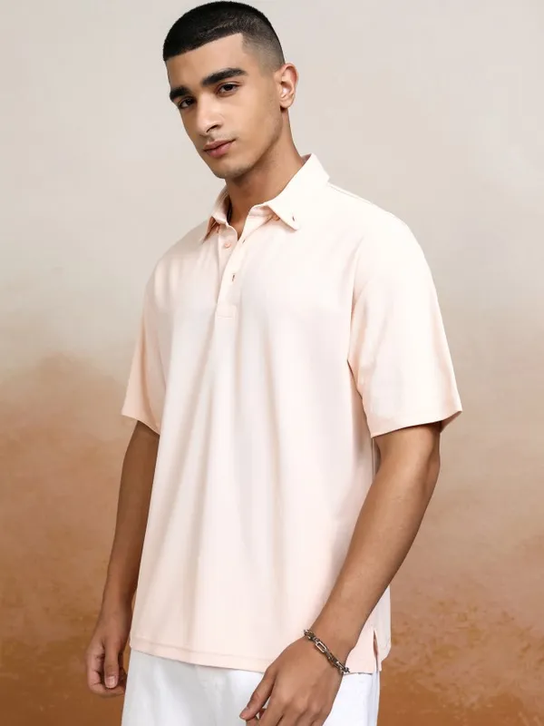 Highlander Men Peach Self Design Polo Collar T-Shirt