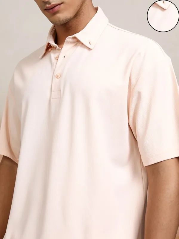 Highlander Men Peach Self Design Polo Collar T-Shirt