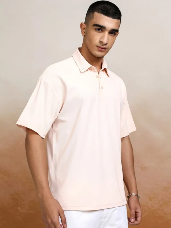 Highlander Men Peach Self Design Polo Collar T-Shirt