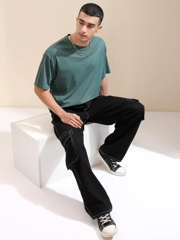 Highlander Men Teal Printed Round Neck Relaxed Fit T-Shirt