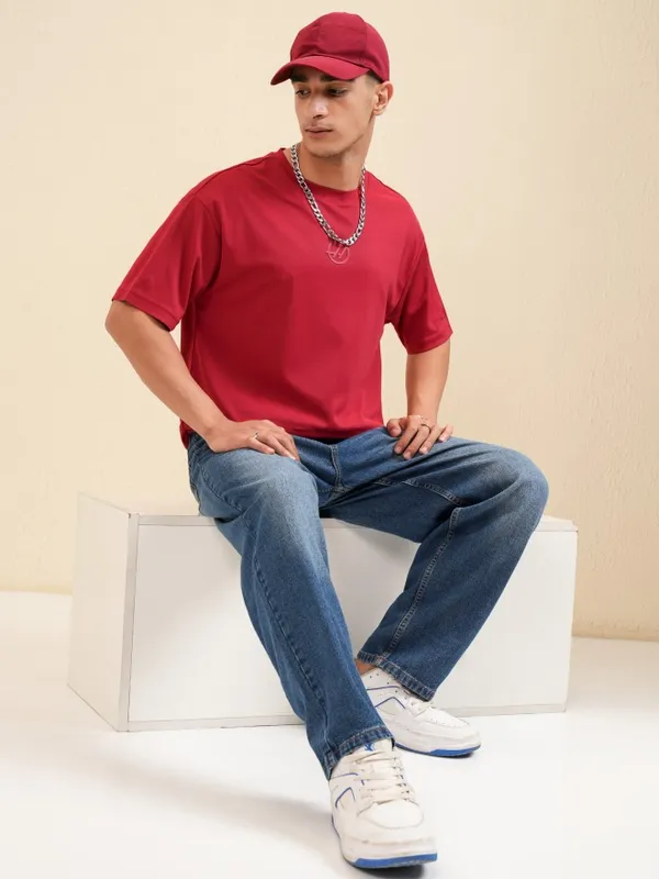 Highlander Men Maroon Printed Round Neck Relaxed Fit T-Shirt