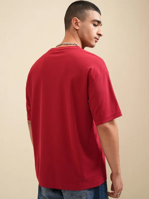 Highlander Men Maroon Printed Round Neck Relaxed Fit T-Shirt